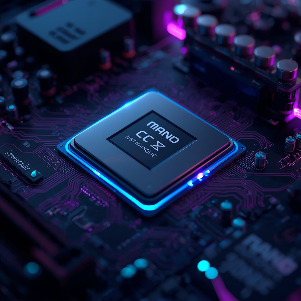 A highly detailed close-up of a futuristic CPU on a glowing motherboard, neon blue and purple lights, cyberpunk style, intricate circuitry, high tech, sharp focus, Nano Banana2 style