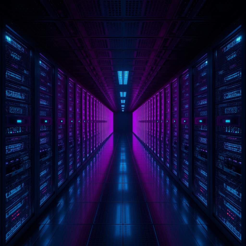 A dark futuristic server room with endless rows of racks illuminated by bright cyan and magenta LED lights, geometric patterns, deep perspective, Nano Banana2 style